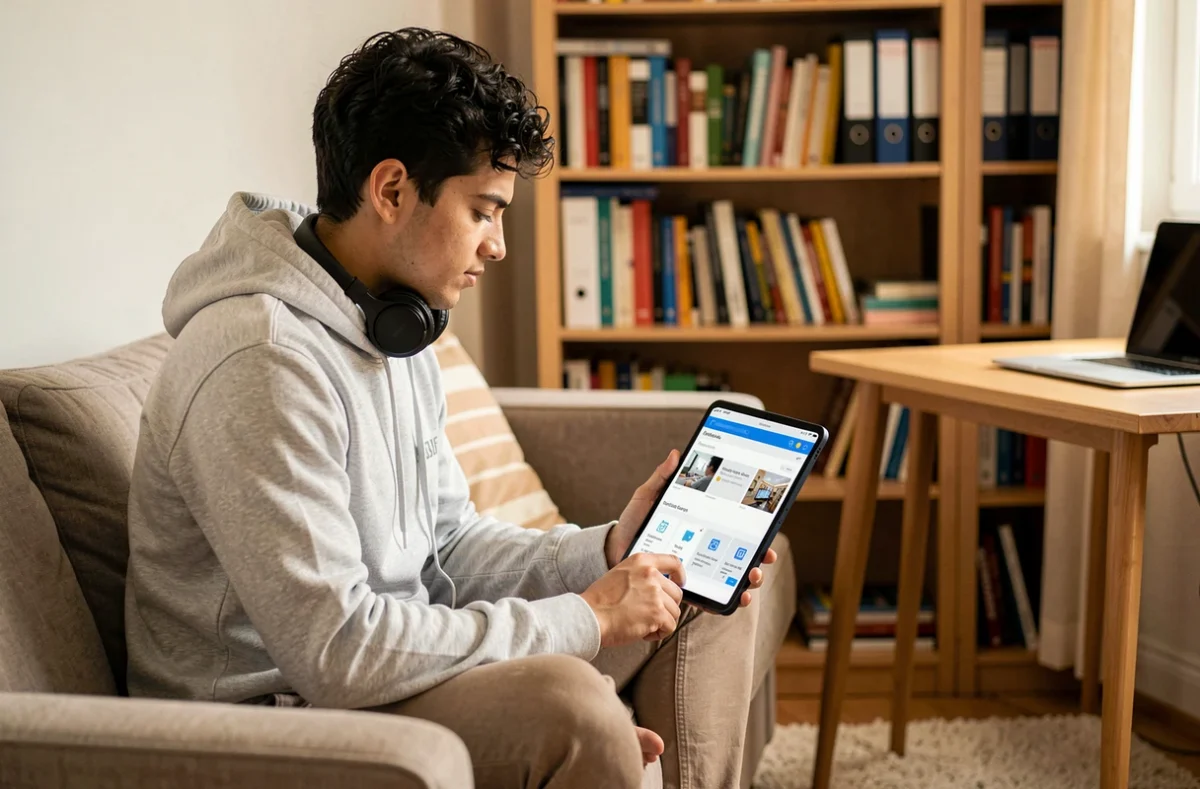 Jeune salarié suivant une formation en ligne depuis chez lui sur une tablette dans un espace de travail à domicile