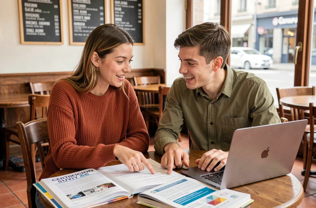 Deux jeunes actifs étudiant ensemble pour une certification professionnelle dans un café