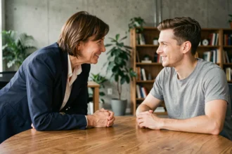Manager bienveillante en conversation attentive avec un collaborateur dans un bureau moderne favorisant le dialogue et la confiance