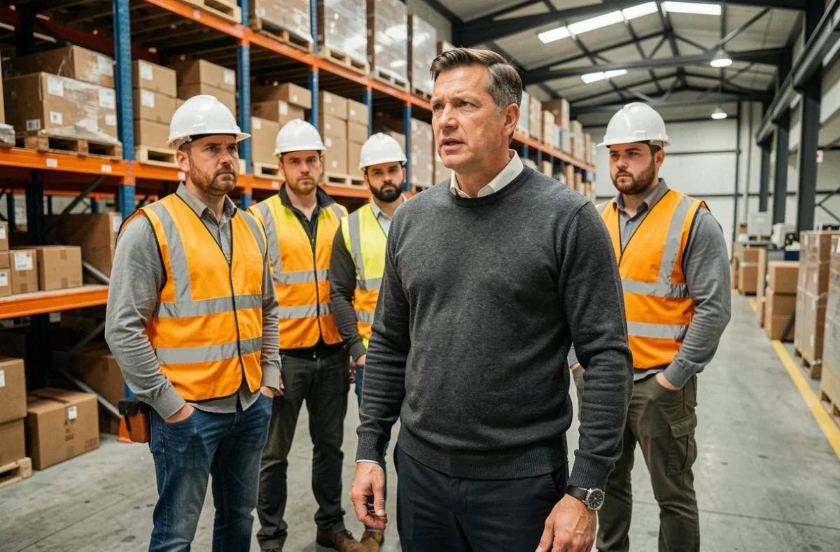 Manager expliquant les changements organisationnels à des salariés dans un entrepôt industriel lors d'une réunion terrain