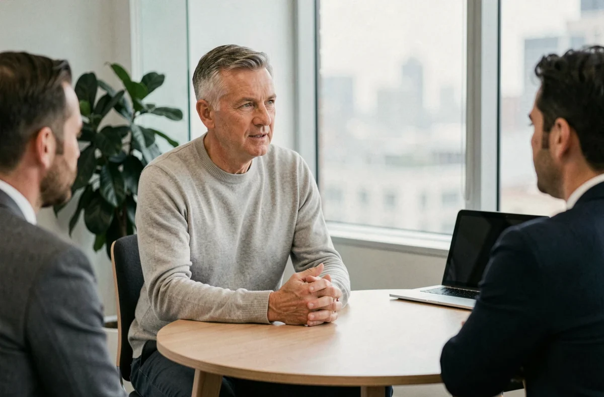 Manager expérimenté en écoute active lors d'une réunion en petit comité, mettant en valeur l'intelligence émotionnelle et les soft skills essentiels en gestion de projet