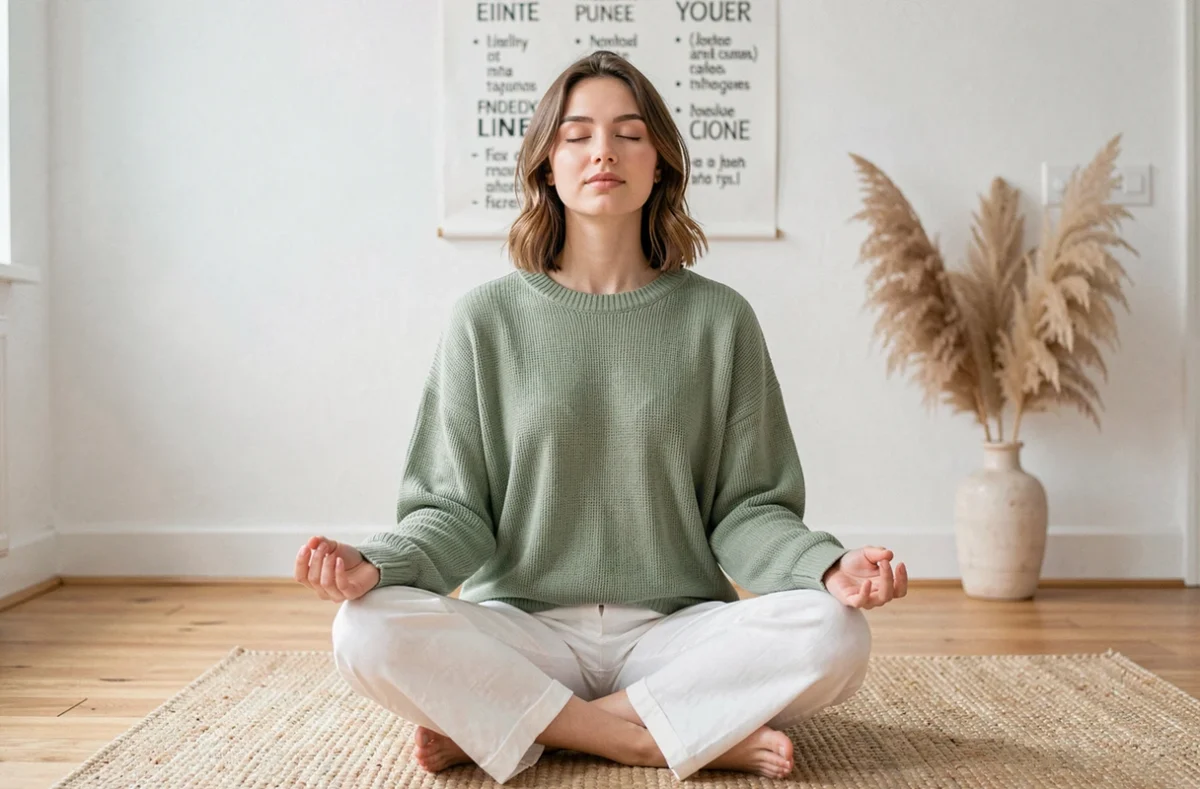Jeune femme en méditation devant un tableau de visualisation dans un salon scandinave, représentant la pratique de l'attraction consciente