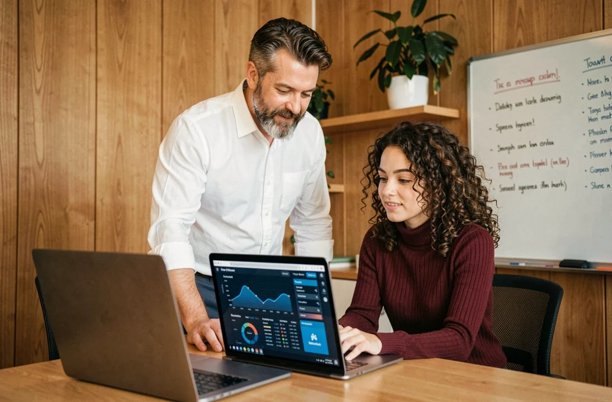 Professionnel senior accompagnant une jeune employée dans l'analyse de données lors d'une séance de mentorat