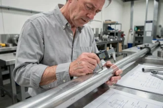 Ingénieur mesurant le diamètre d'un tuyau métallique avec un pied à coulisse numérique dans un atelier industriel