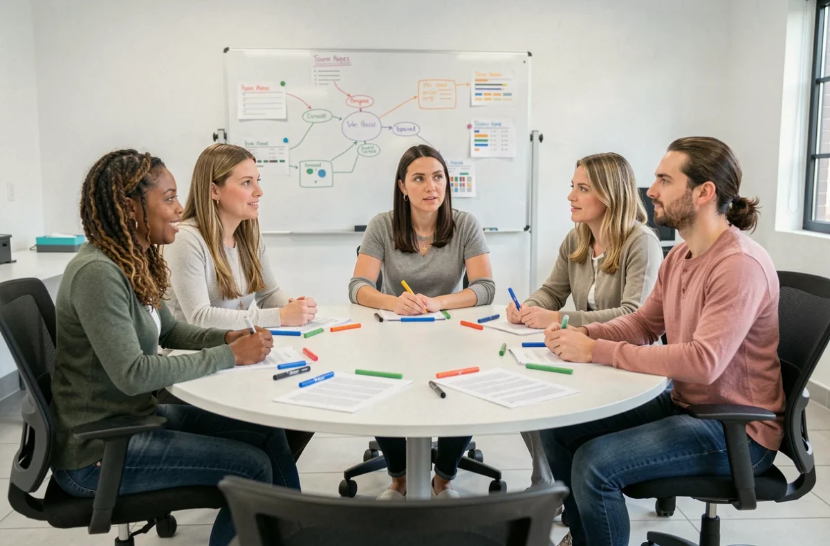 Un groupe de professionnels participant à un atelier de développement de carrière basé sur la méthode ADVP autour d'une table ronde