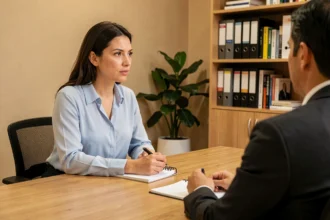 Une femme en entretien de conseil en orientation professionnelle, appliquant la méthode ADVP pour explorer ses aspirations de carrière