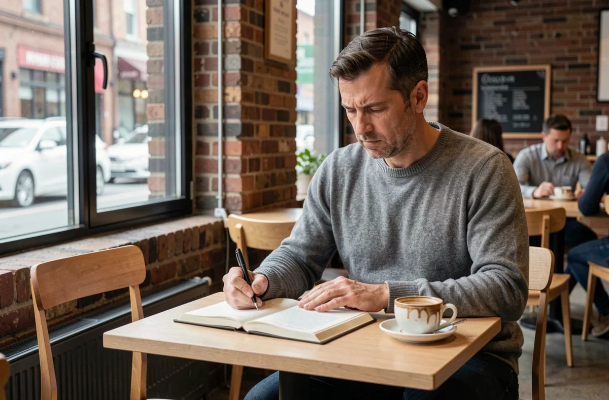 Un homme en pleine réflexion personnelle dans un café, prenant des notes dans un journal pour explorer ses valeurs et projets professionnels selon la méthode ADVP