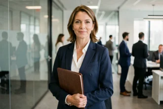 Femme cadre en blazer marine tenant un portfolio dans un couloir de bureau moderne, illustrant les métiers bien rémunérés