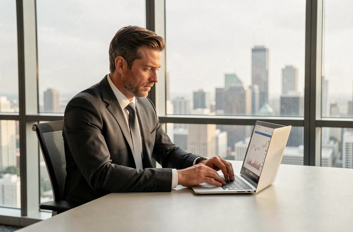 Homme d'affaires en costume sombre consultant des documents financiers dans un bureau en hauteur avec vue sur la ville, symbolisant les professions à hauts revenus