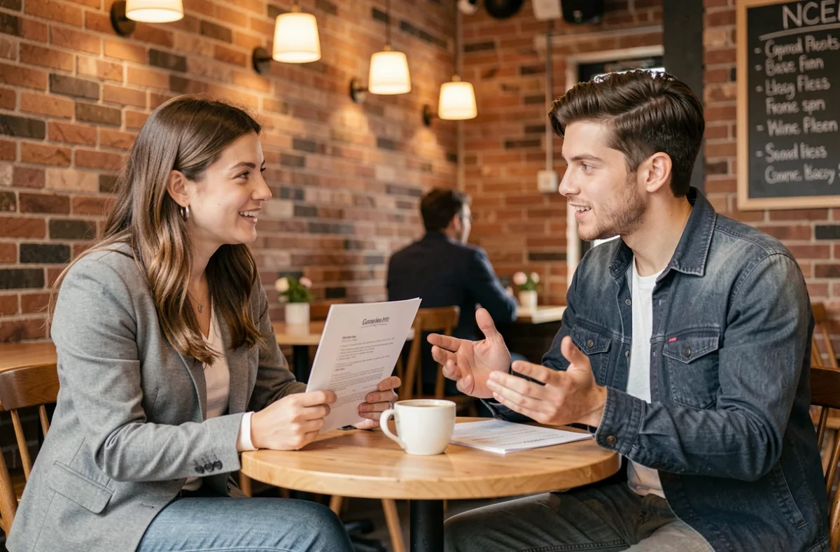 Deux jeunes professionnels en entretien informel dans un café pour compenser l'absence de stage
