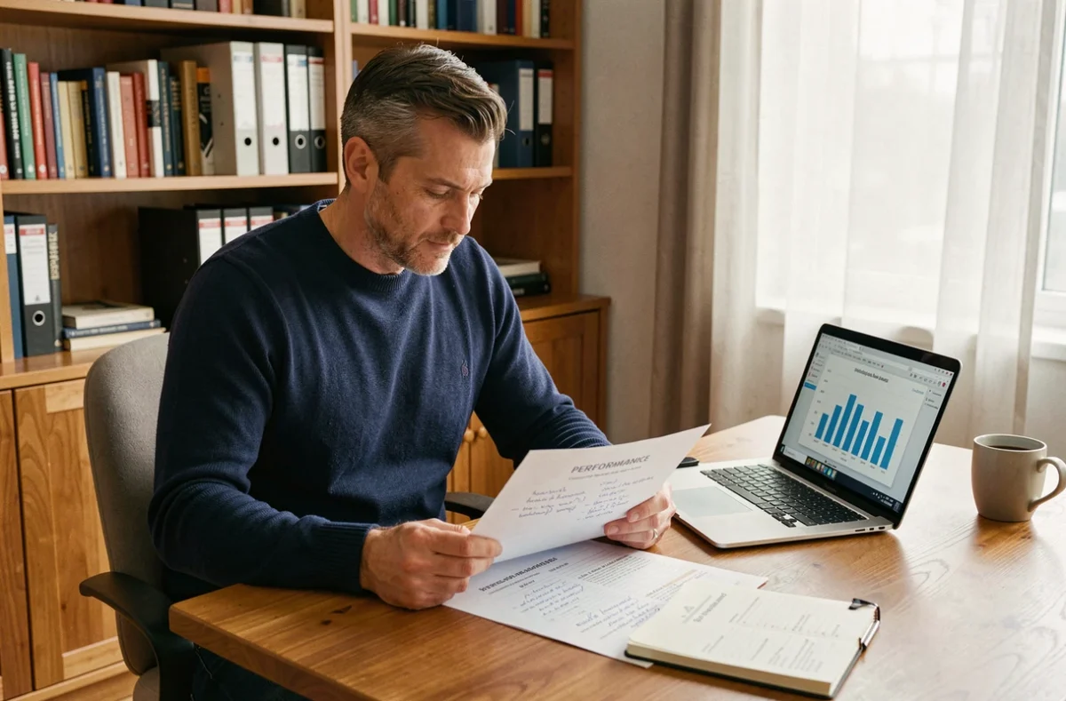 Homme d'affaires analysant un plan de performance imprimé à son bureau à domicile