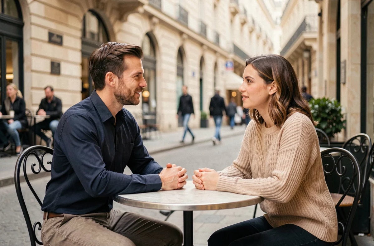 Deux personnes en conversation en terrasse illustrant les étapes clés du processus de communication interpersonnelle