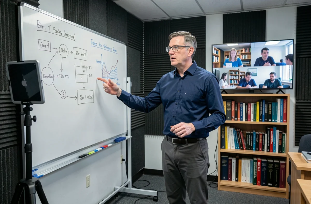 Professeur d'université animant un cours en ligne depuis un studio de classe équipé pour la visioconférence pédagogique
