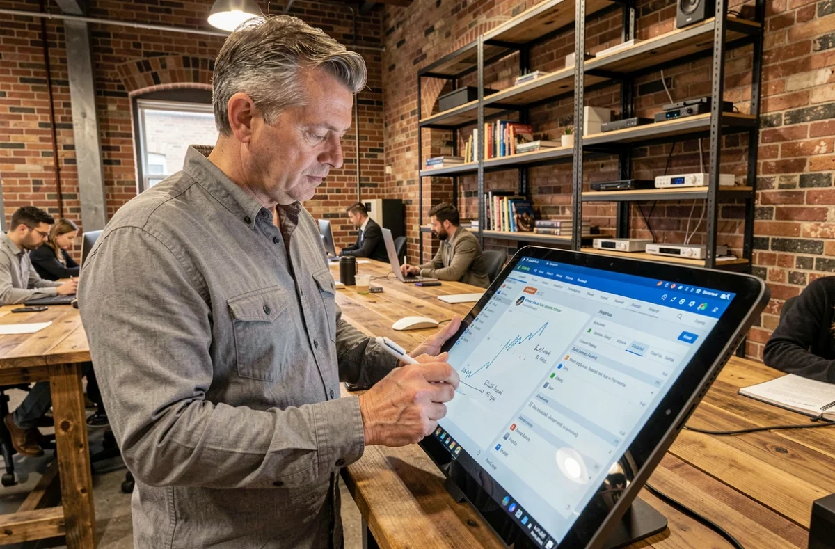 Professionnel masculin utilisant une tablette tactile pour apprendre un logiciel de gestion de projet dans un espace de coworking