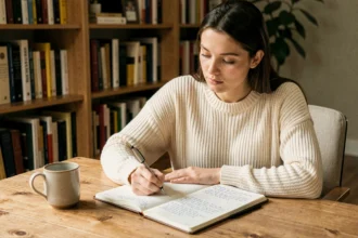 Jeune femme rédigeant une phrase d'introduction dans un cahier ouvert à son bureau en bois
