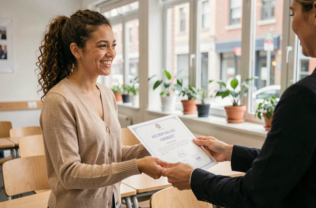 Jeune femme recevant un certificat à l'issue d'une formation courte dans une salle de classe contemporaine