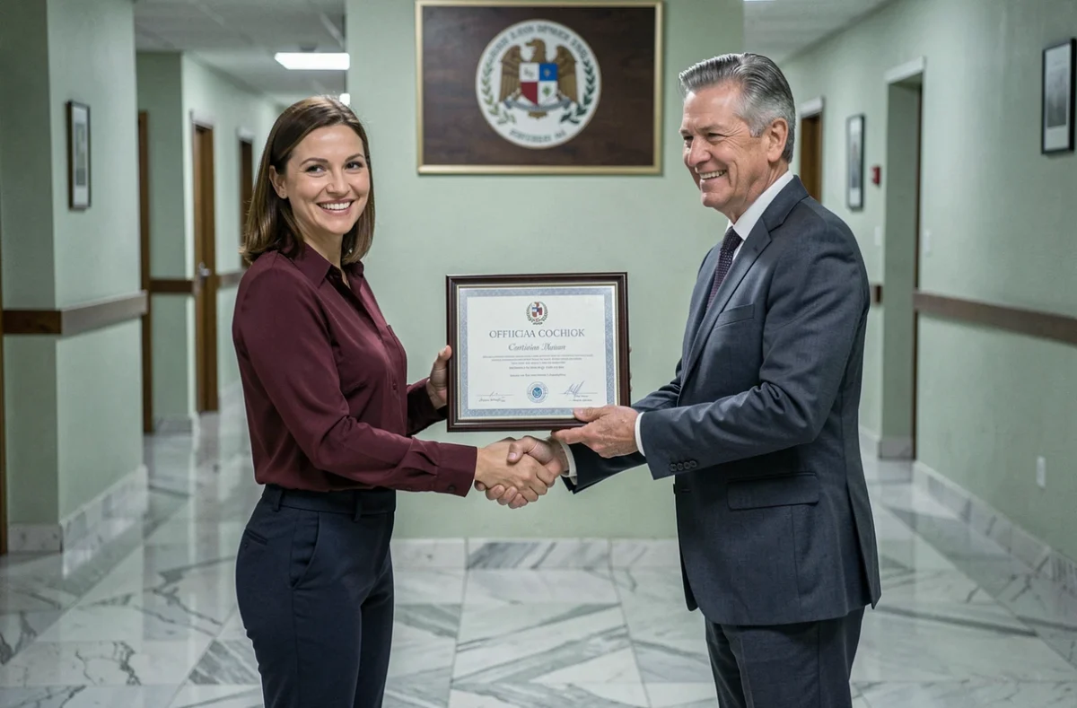 Remise officielle d'un diplôme de certification coaching reconnu par l'État lors d'une cérémonie institutionnelle