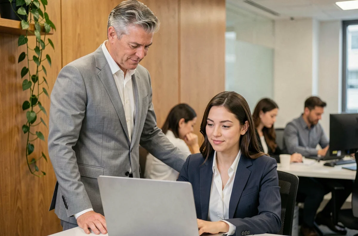 Responsable bienveillant accompagnant une collaboratrice devant un ordinateur portable dans un bureau chaleureux symbolisant le management de soutien