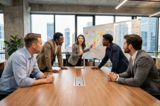 Équipe de professionnels en réunion autour d'une table de conférence en bois, échangeant avec des post-its et un tableau blanc dans un bureau moderne