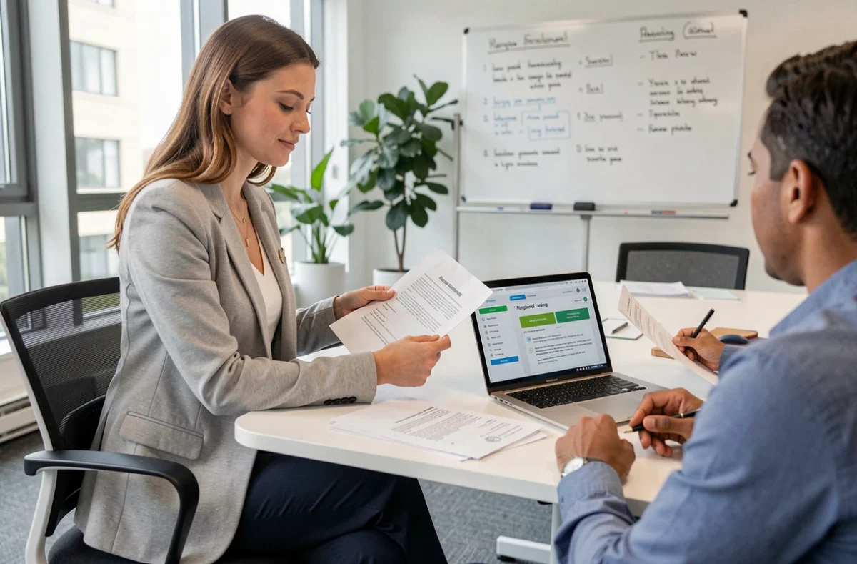 Professionnelle analysant les documents de réforme de la formation en apprentissage lors d'une réunion dans un centre de formation moderne