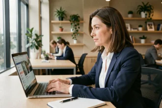 Salariée en formation continue suivant un cours en ligne sur son ordinateur portable dans un bureau moderne en 2024