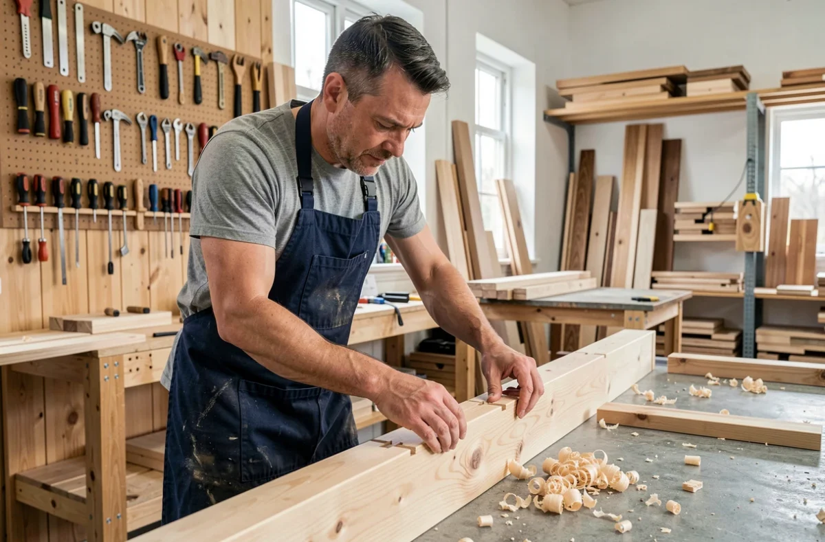 Artisan menuisier assemblant des pièces de bois dans un atelier pour illustrer le savoir-faire pratique et technique