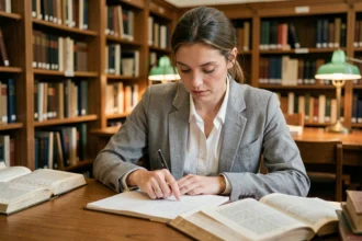 Femme concentrée dans une bibliothèque universitaire consultant des livres et des notes manuscrites pour illustrer le savoir théorique