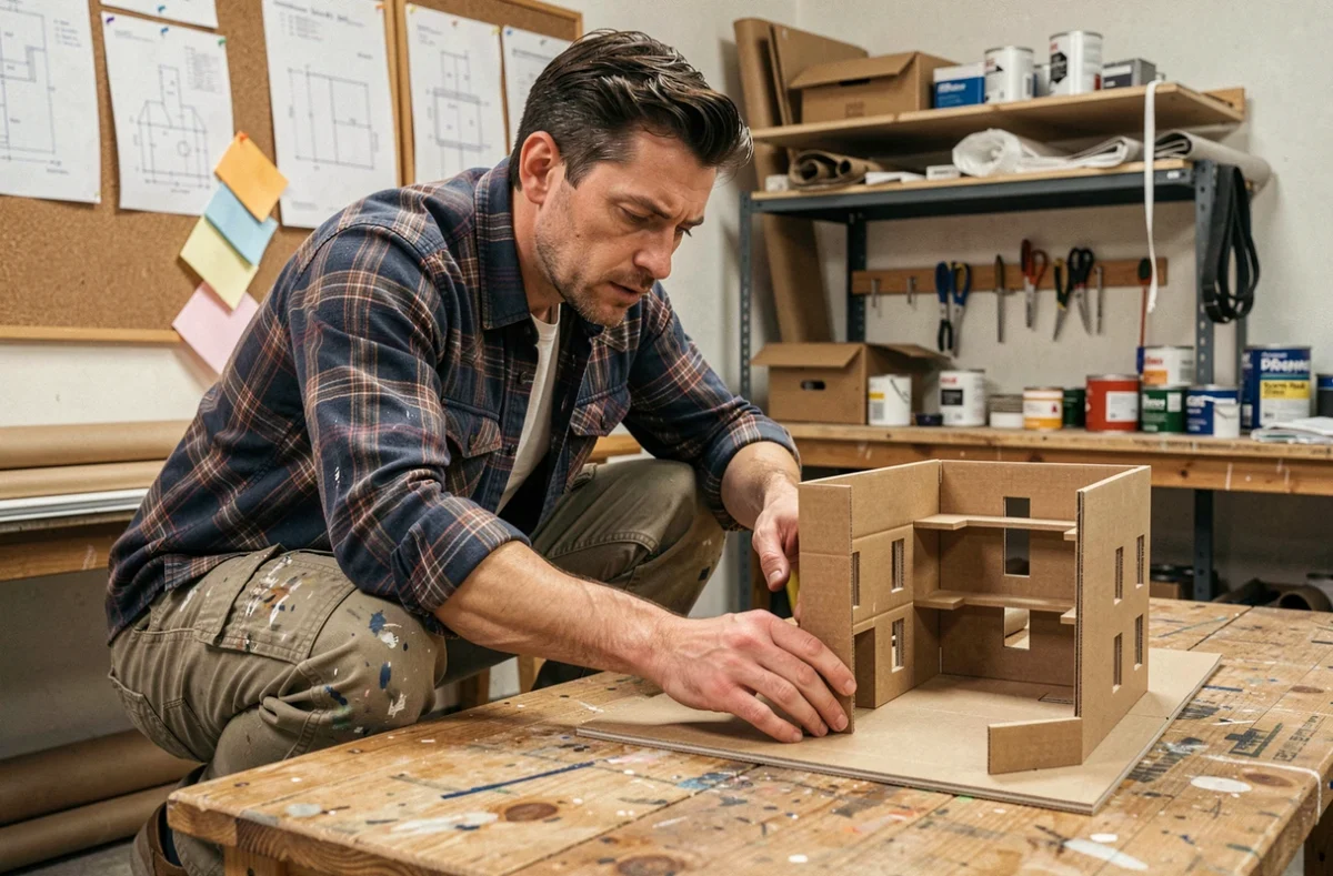 Scénographe examinant une maquette de décor de théâtre dans un atelier de production avec plans et matériaux en arrière-plan