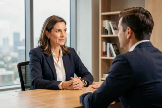 Coach professionnelle en séance de coaching individuel avec un client dans un bureau moderne et lumineux