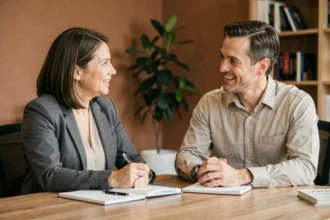 Une femme et son coach en séance de coaching, échangeant des questions autour d'un bureau en bois dans un bureau moderne