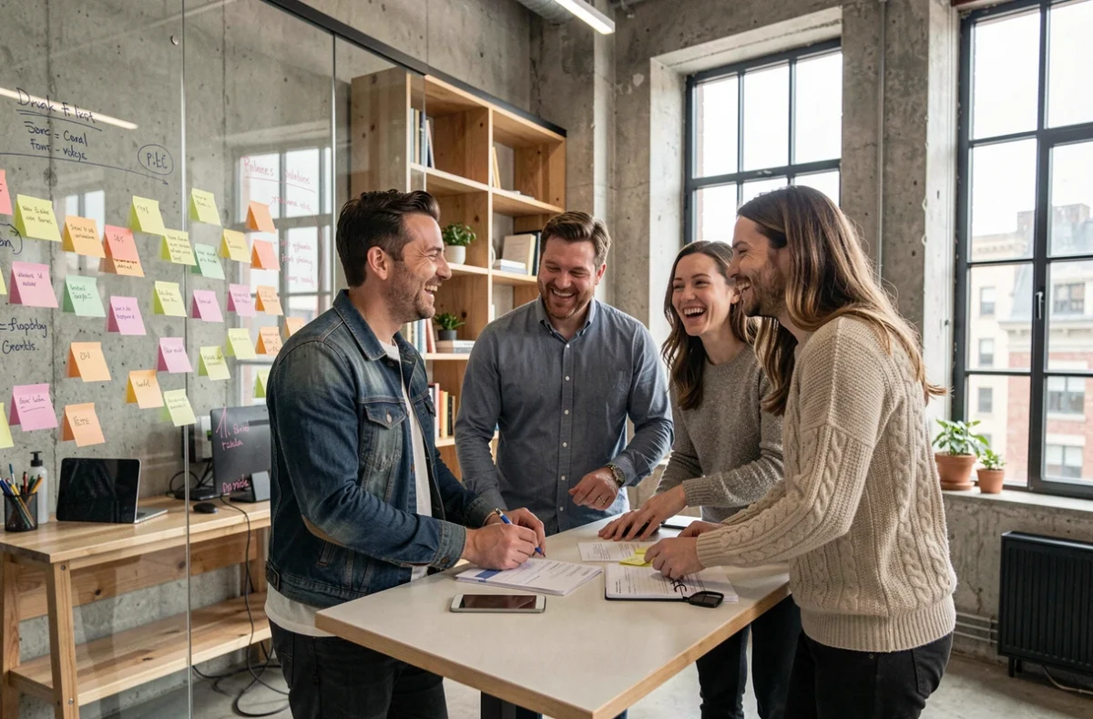 Groupe de collègues en séance de brainstorming informel dans un espace de travail moderne, démontrant la communication et la collaboration comme soft skills essentielles