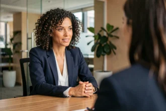 Femme en entretien d'embauche démontrant ses soft skills d'écoute active et de communication dans un bureau moderne