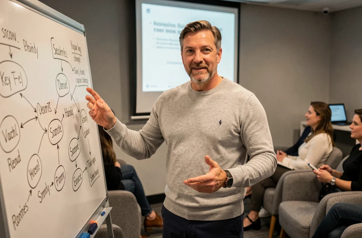 Un formateur présente des concepts de soft skills sur un tableau blanc lors d'une session de formation en entreprise, illustrant le leadership et la communication professionnelle