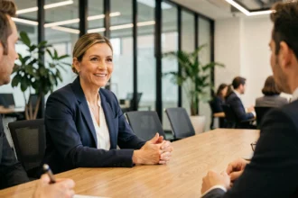 Une professionnelle en blazer marine anime une réunion d'équipe en entreprise, illustrant l'écoute active et les soft skills en milieu de travail