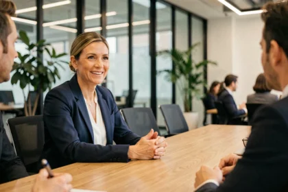 Une professionnelle en blazer marine anime une réunion d'équipe en entreprise, illustrant l'écoute active et les soft skills en milieu de travail