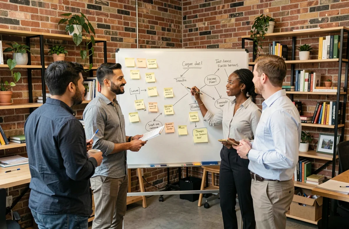 Équipe multiculturelle en séance de brainstorming développant des compétences comportementales comme la collaboration et la créativité