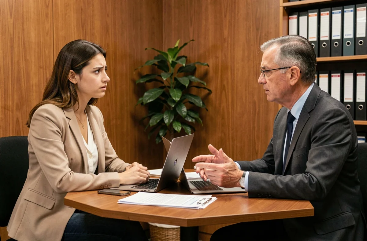 Stagiaire écoutant avec attention les explications de son tuteur lors d'un entretien, illustrant les défis de communication et d'apprentissage durant un stage professionnel