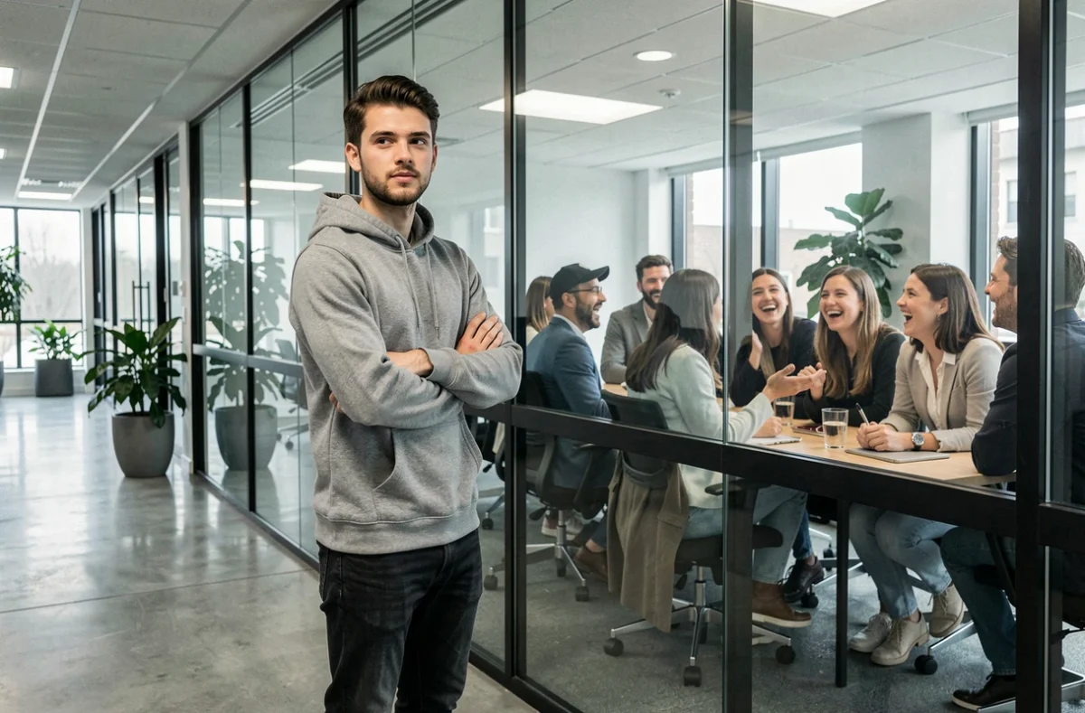 Jeune stagiaire isolé dans un couloir de bureau, observant ses collègues depuis l'extérieur d'une salle de réunion, symbolisant le manque d'intégration en stage