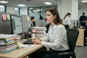 Jeune stagiaire stressée devant son ordinateur dans un bureau en open space, illustrant les difficultés rencontrées lors d'un stage en entreprise