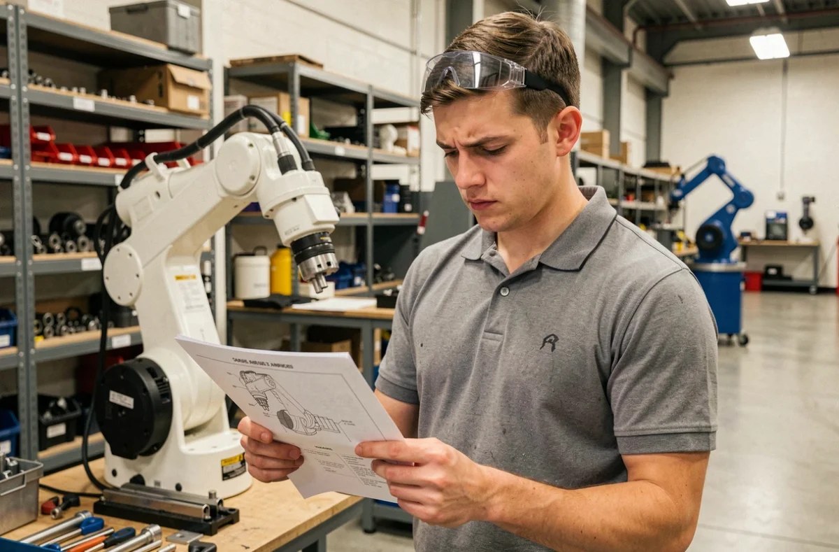 Jeune technicien en formation sur un bras robotique dans un atelier de formation professionnelle industrielle
