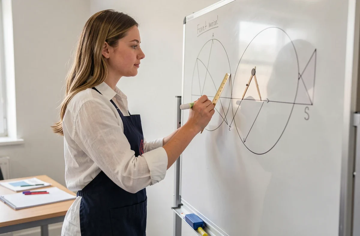 Jeune femme traçant le diamètre d'un cercle au compas sur un tableau blanc dans un atelier pédagogique