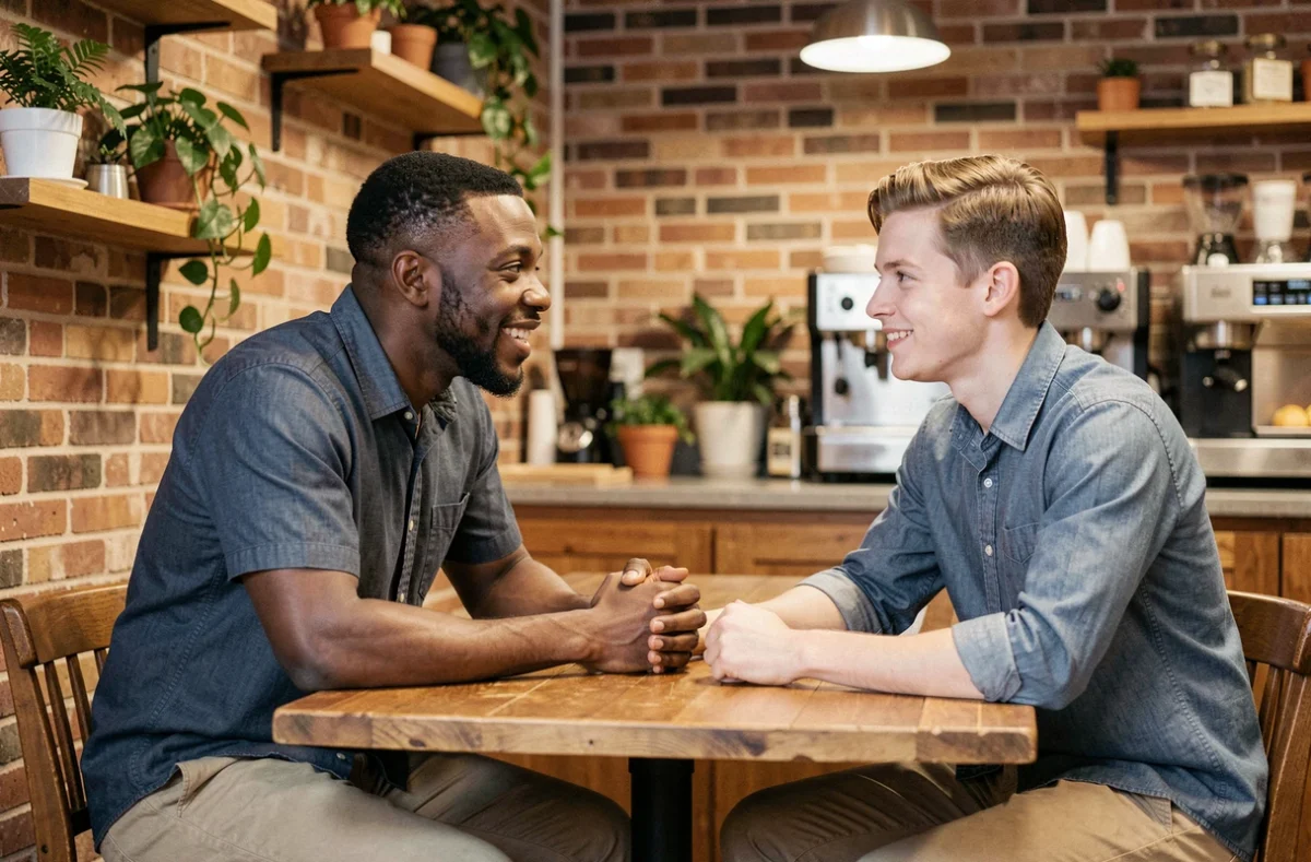 Manager expérimenté en session de mentorat individuel, représentant les traits naturels de leadership comme l'empathie et l'écoute