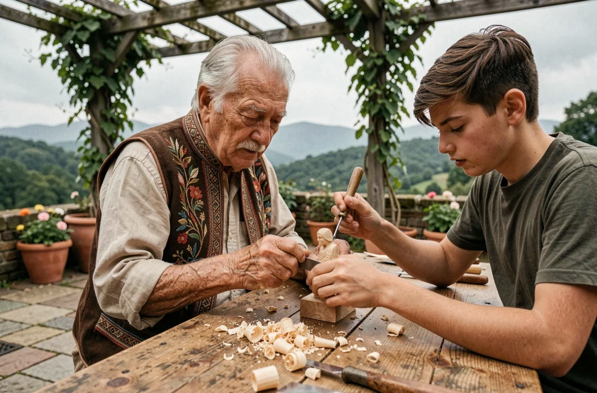 Vieil artisan transmettant un savoir-faire traditionnel de sculpture sur bois à un jeune adolescent, représentant la transmission culturelle intergénérationnelle