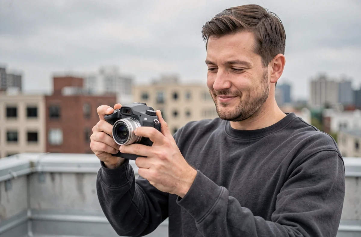 Jeune vidéaste masculin en extérieur sur un toit urbain vérifiant la qualité de ses prises de vue sur son appareil photo